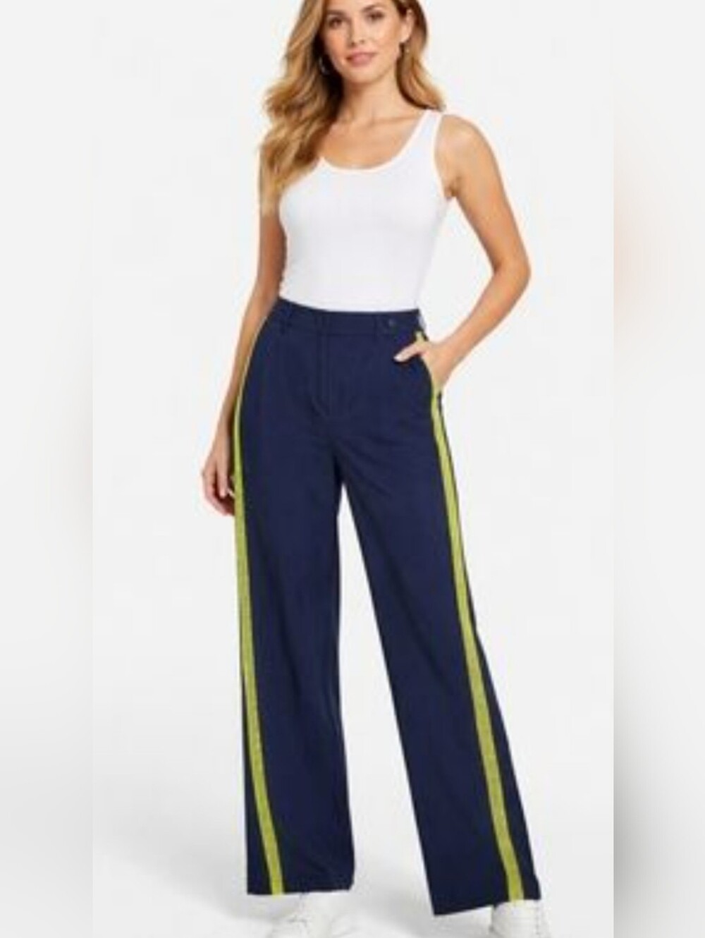 Wildfang Pants, Size 2. Navy Blue Neon Yellow Tuxedo Stripe